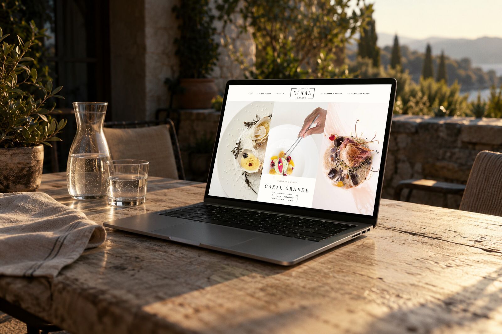 Restaurant-Website des Canal Grande in München auf einem Laptop auf einer sonnigen Terrasse