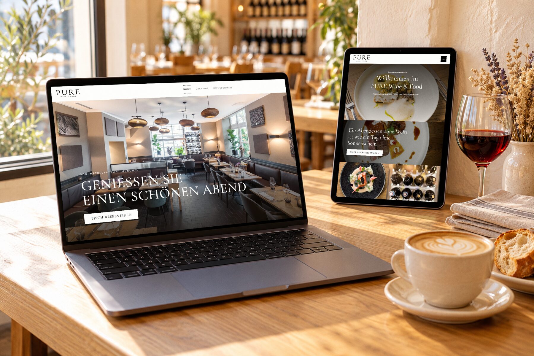 Fotografie von TasteWorks für PURE Wine & Food in München, als Restaurant-Website inszeniert, auf Laptop und Tablet in einer hellen Weinbar