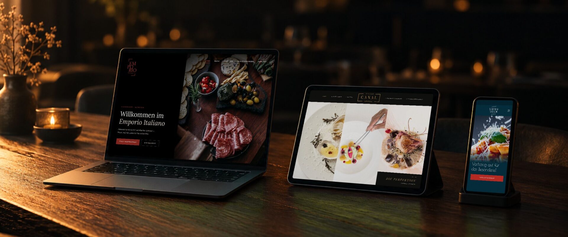 Restaurant-Websites von Emporio Italiano, Canal Grande und Teatro Solln auf Laptop, Tablet und Smartphone
