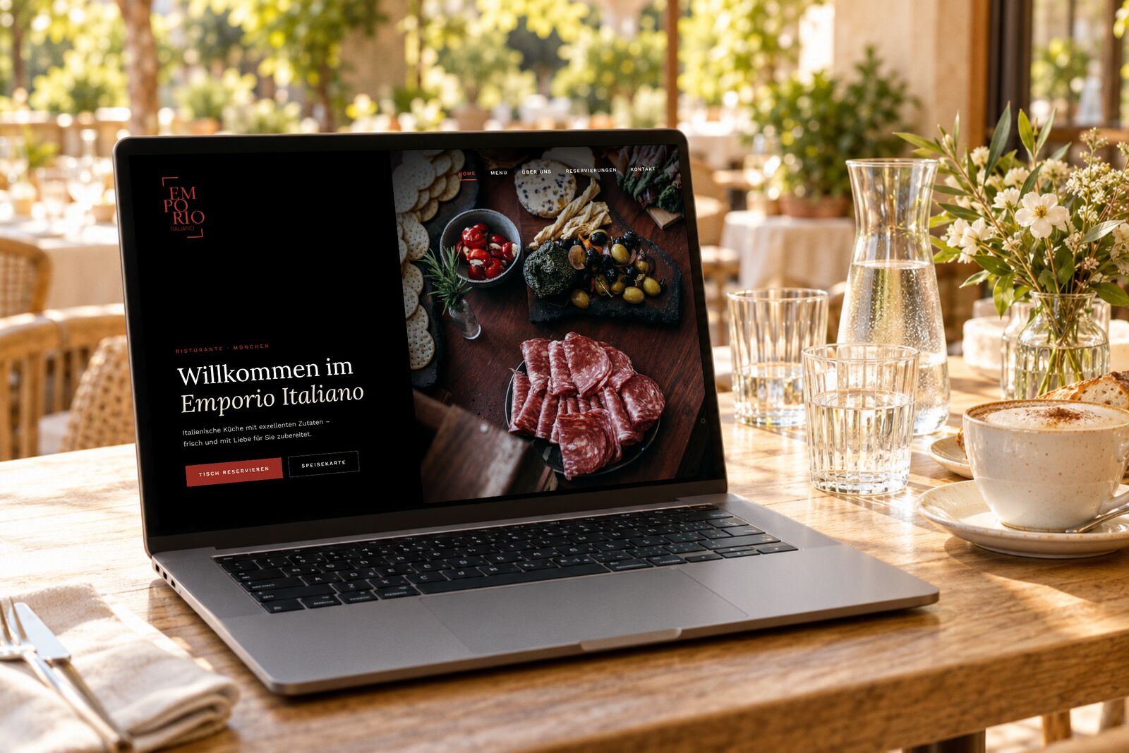 Startseite der Restaurant-Website des Emporio Italiano in München auf einem Laptop auf einer Gartenterrasse