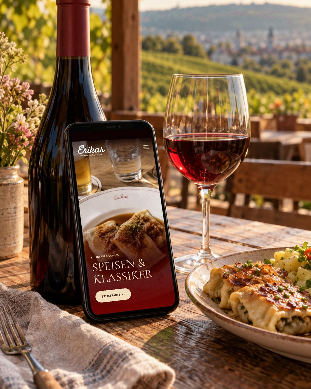 Restaurant-Website von Erikas in Stuttgart auf dem Smartphone an einem Tisch mit Blick auf die Weinberge