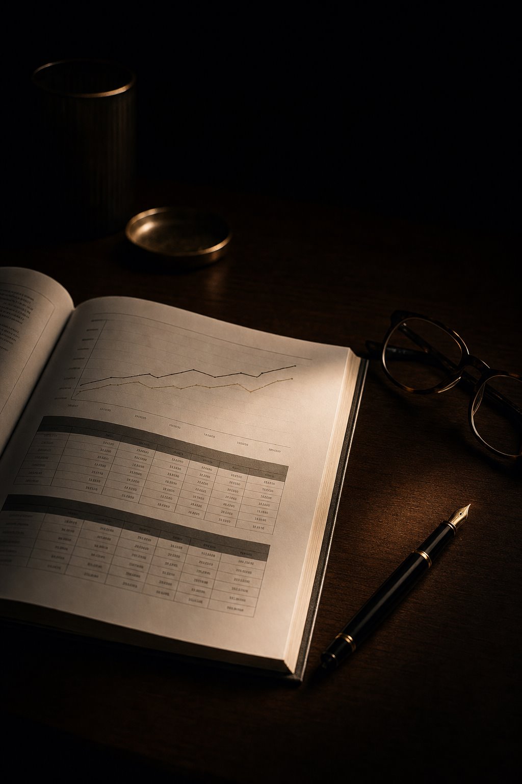 Aufgeschlagener Businessplan mit Finanzplanung und Kennzahlen auf dunklem Tisch