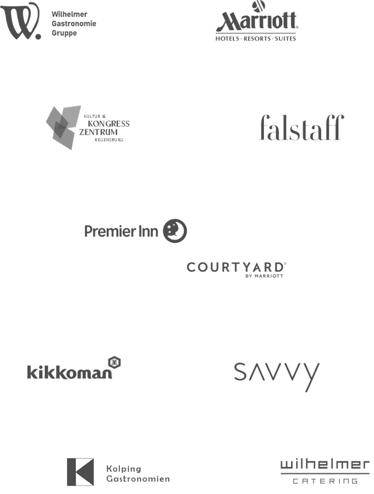 Kundenlogos der Hotelberatung von TasteWorks: Marriott, Premier Inn, Courtyard by Marriott, Savvy, Kongresszentrum Regensburg und weitere Häuser