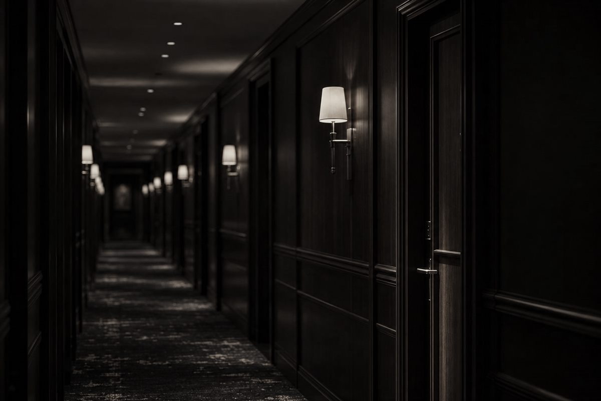 Hotelflur bei Nacht mit Wandleuchten und dunkler Holzvertäfelung