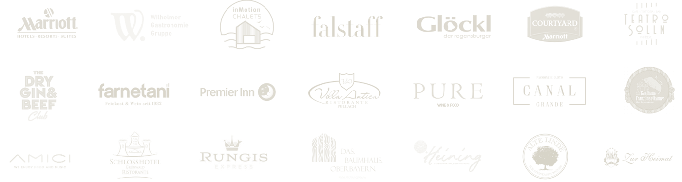 Logo-Auswahl von Hotel- und Gastronomiebetrieben, mit denen TasteWorks gearbeitet hat – darunter Marriott, Courtyard by Marriott, Premier Inn und Schlosshotel Grünwald