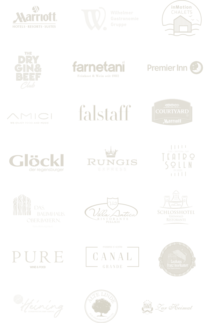 Logo-Auswahl von Hotel- und Gastronomiebetrieben, mit denen TasteWorks gearbeitet hat – darunter Marriott, Courtyard by Marriott, Premier Inn und Schlosshotel Grünwald