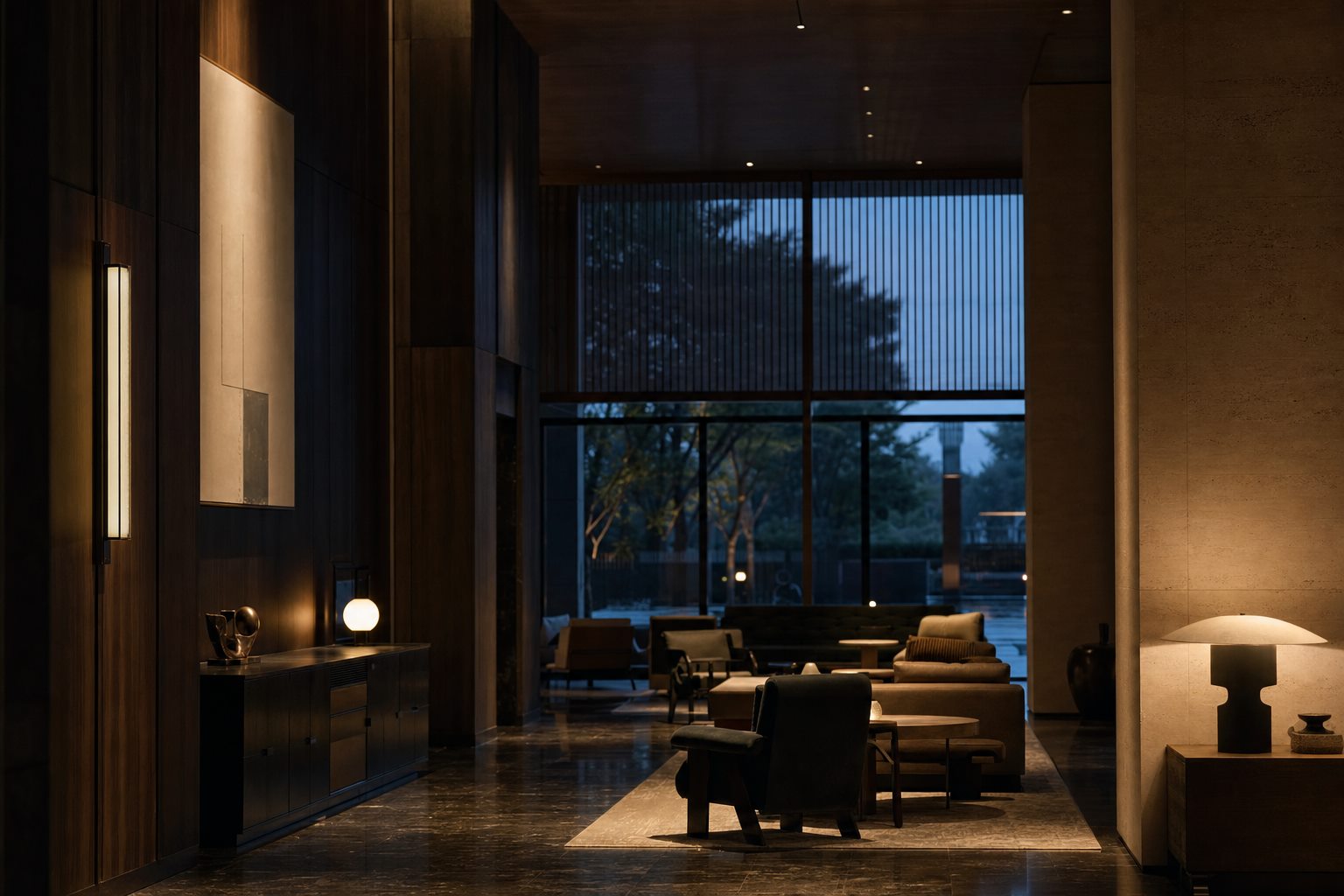 Lobby eines inhabergeführten Hotels in der Abenddämmerung — Atmosphäre als Argument für die Direktbuchung