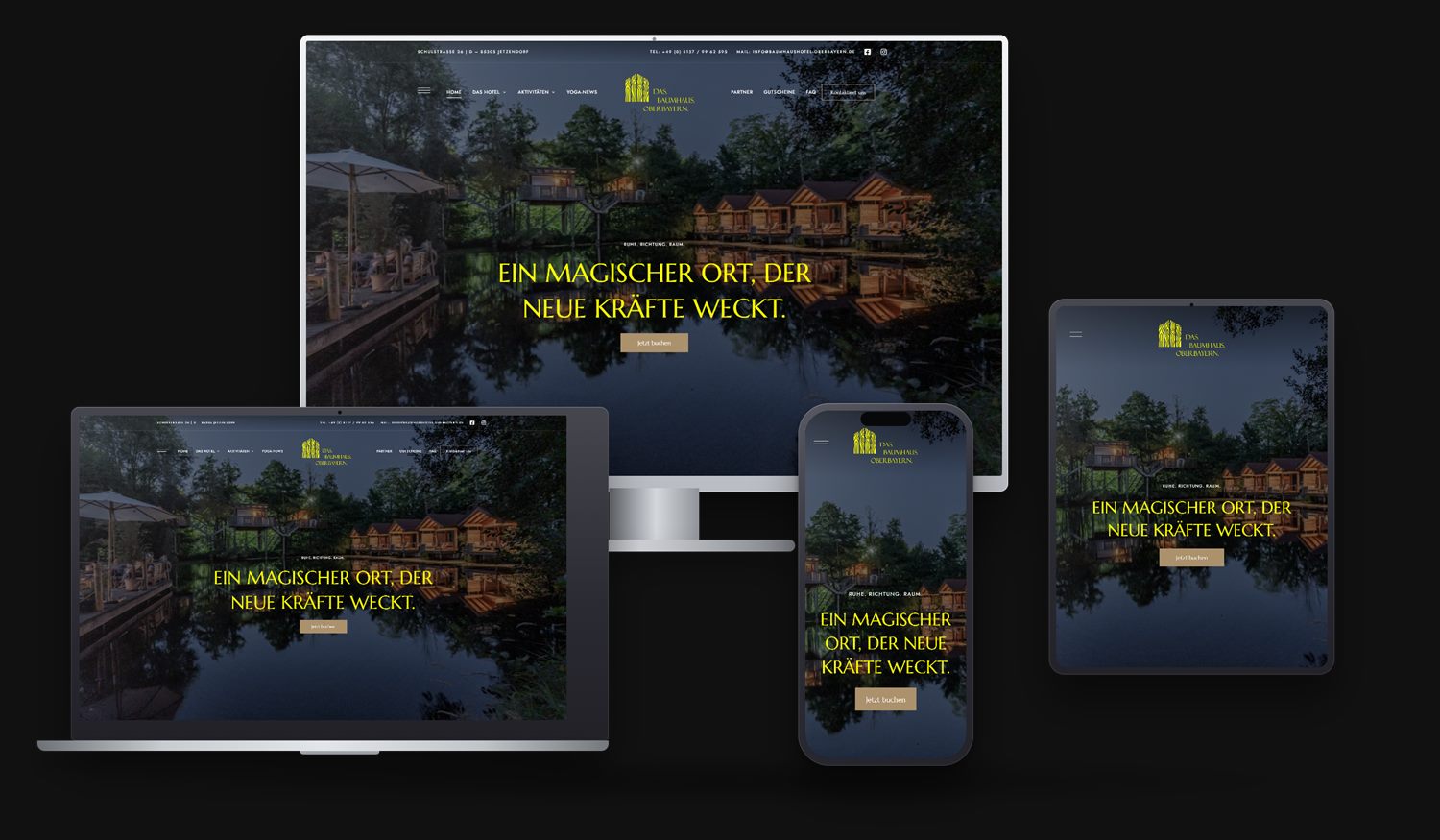 Von TasteWorks gebaute Website des Baumhaushotel Oberbayern auf Monitor, Laptop, Tablet und Smartphone