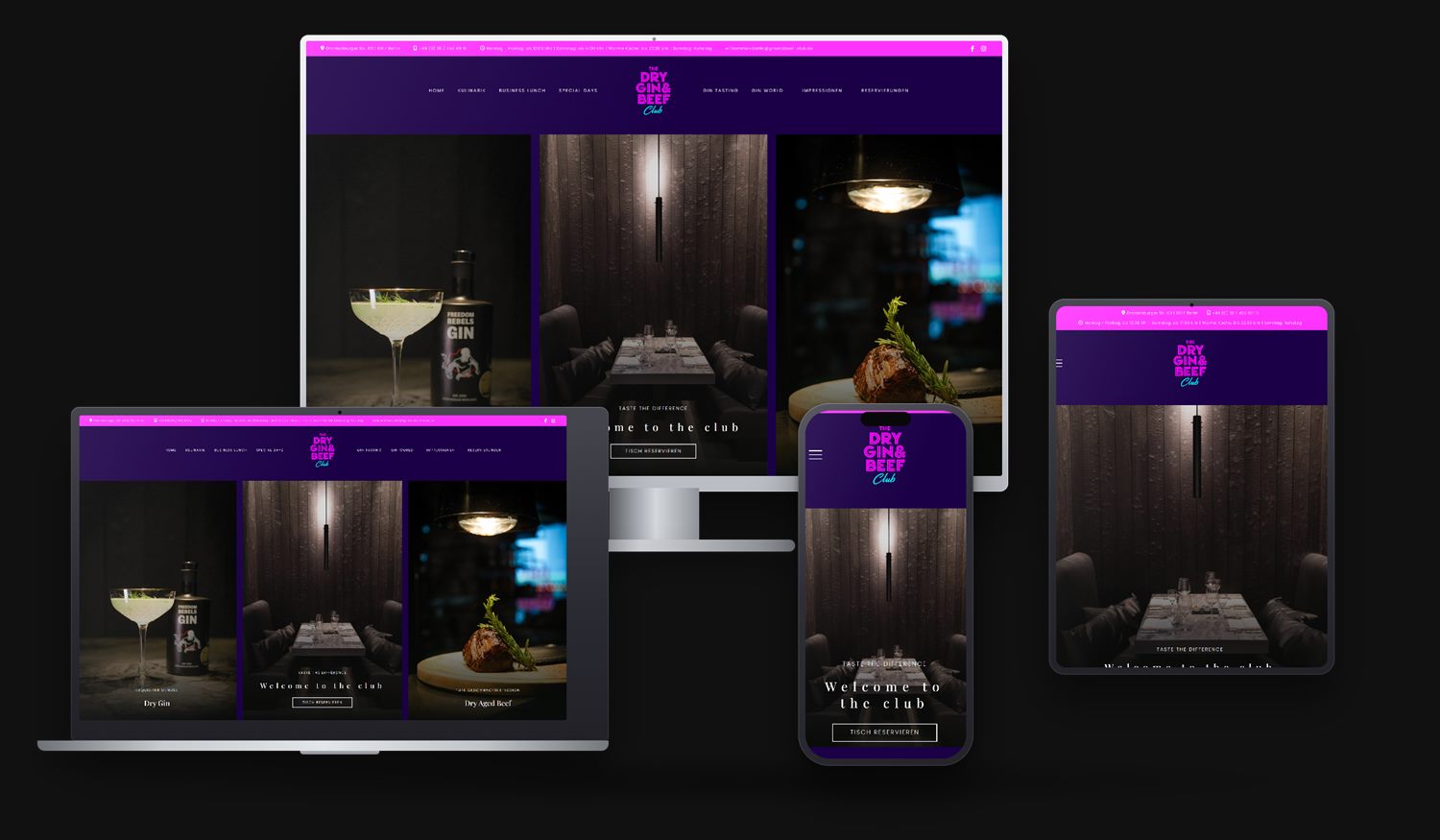 Von TasteWorks gebaute Website des Dry Gin und Beef Club Berlin auf Monitor, Laptop, Tablet und Smartphone