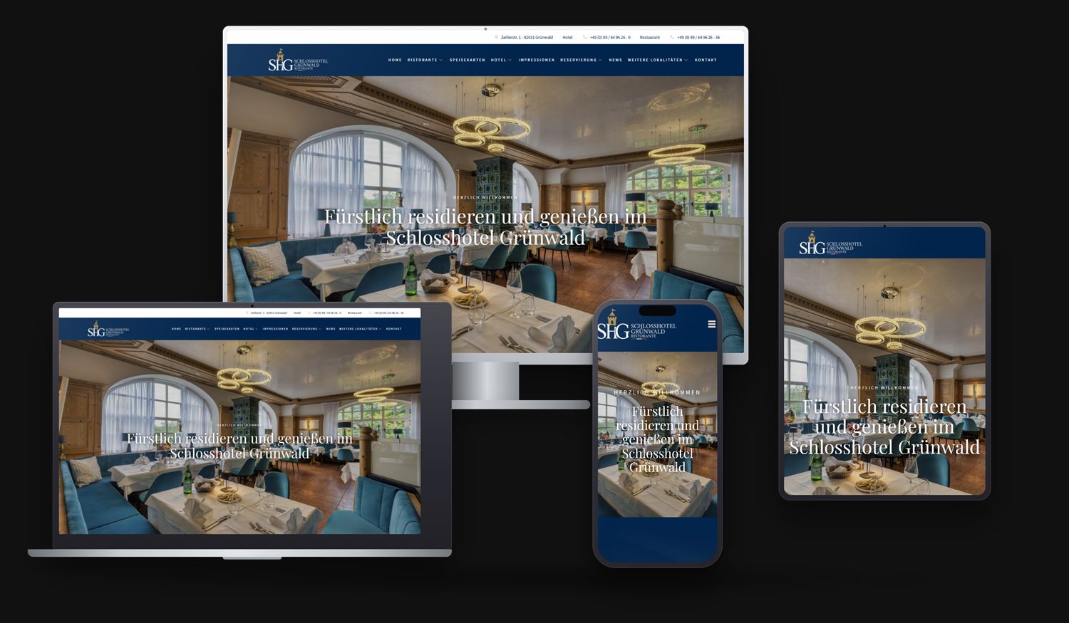 Von TasteWorks gebaute Website des Schlosshotel Grünwald auf Monitor, Laptop, Tablet und Smartphone