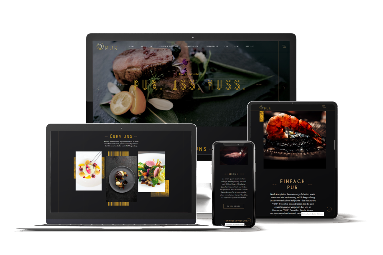 Website und Bestellsystem eines Restaurants auf Rechner, Tablet und Telefon