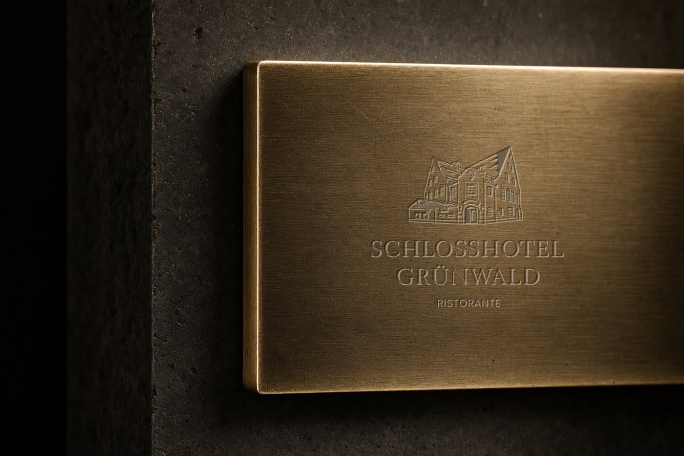 Graviertes Messingschild des Schlosshotel Grünwald an einer dunklen Steinwand