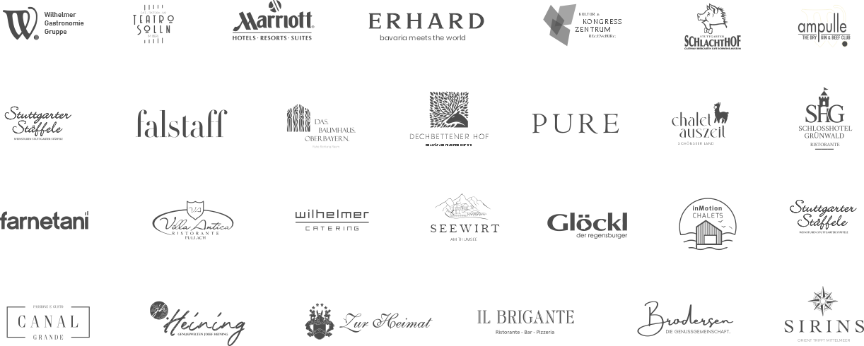 Logos von Häusern der Gastronomie und Hotellerie, aus deren Zusammenarbeit unsere Erfahrung stammt