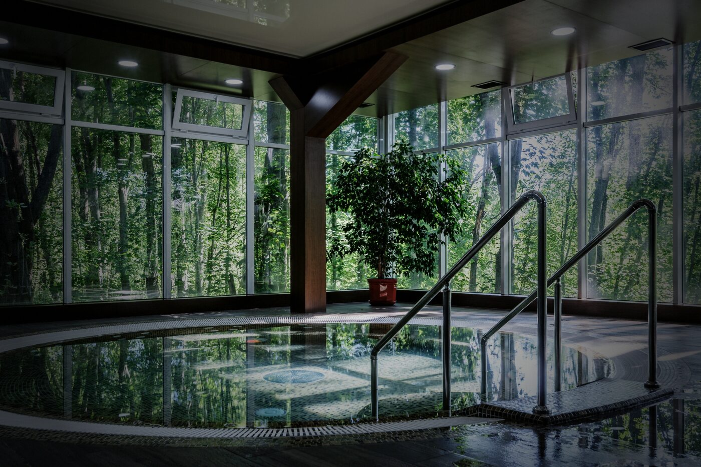 Hotel-Spa mit Whirlpool und Glasfront zum Wald
