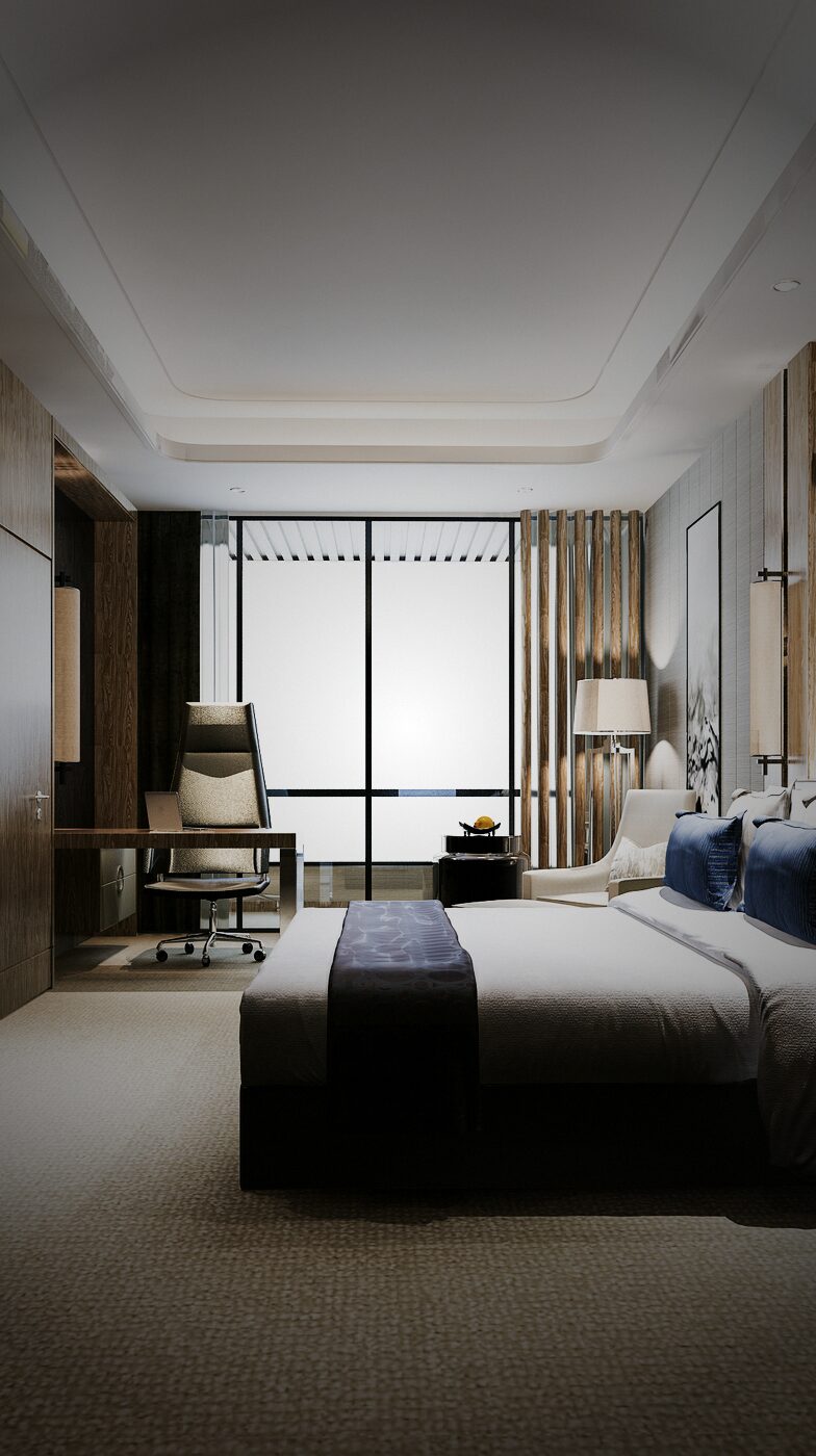 Hotelzimmer, Blick über das Bett zur Fensterfront