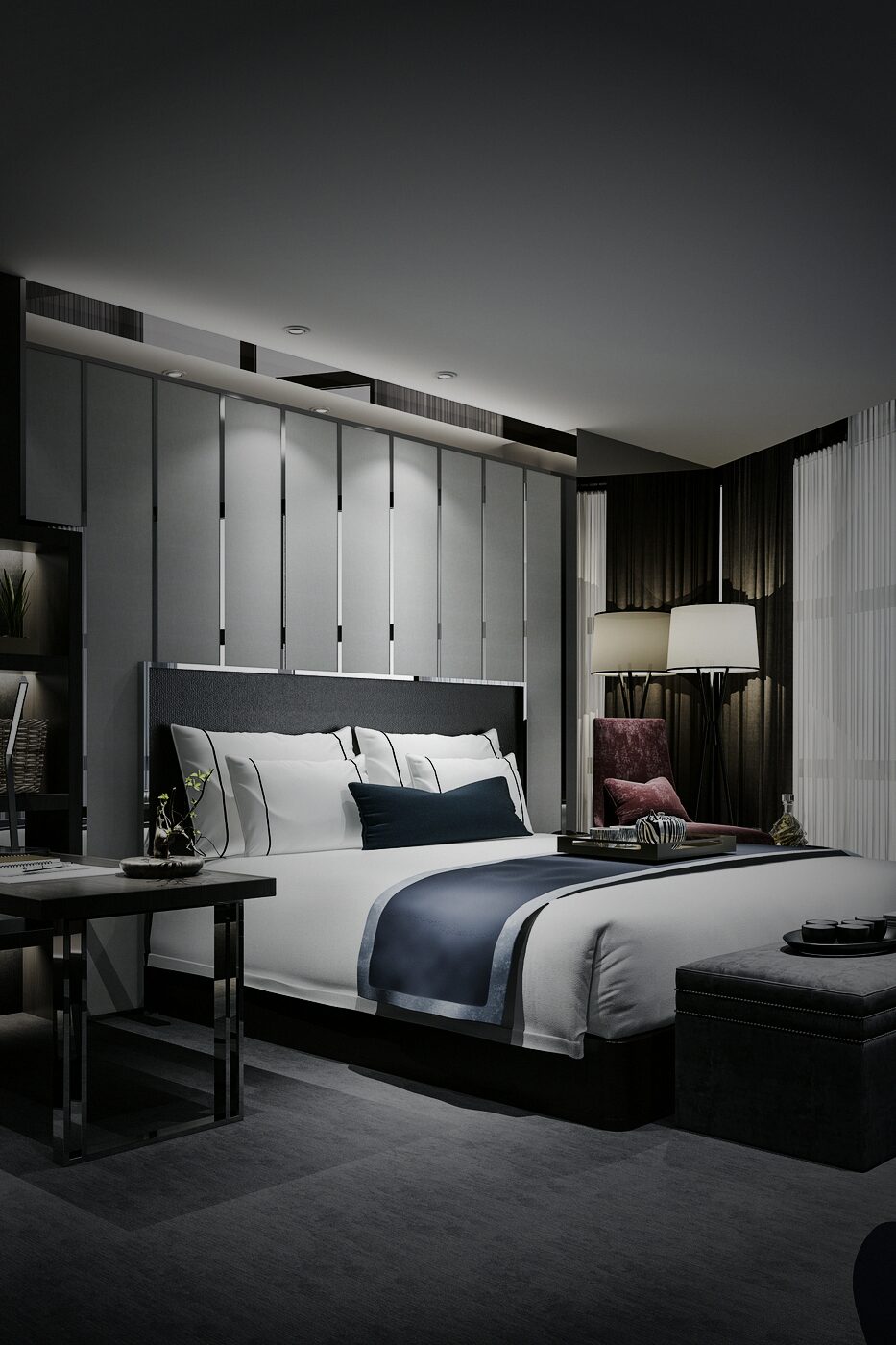 Modernes Hotelzimmer mit Doppelbett, Schreibtisch und Leselicht