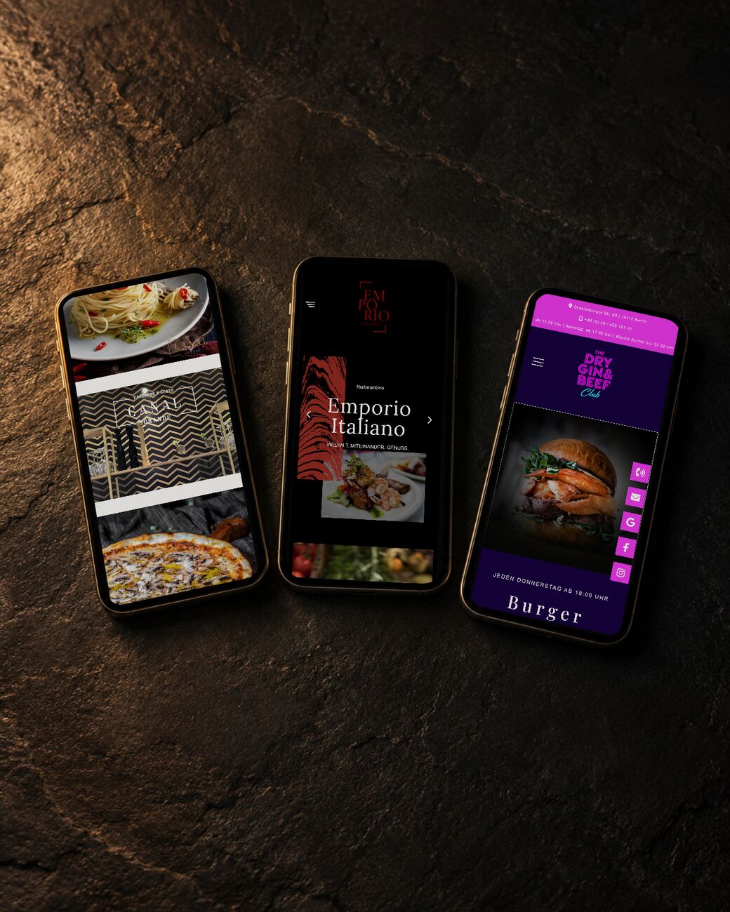 Restaurant-Websites für Canal Grande, Emporio Italiano und den Dry Gin & Beef Club auf drei Smartphones