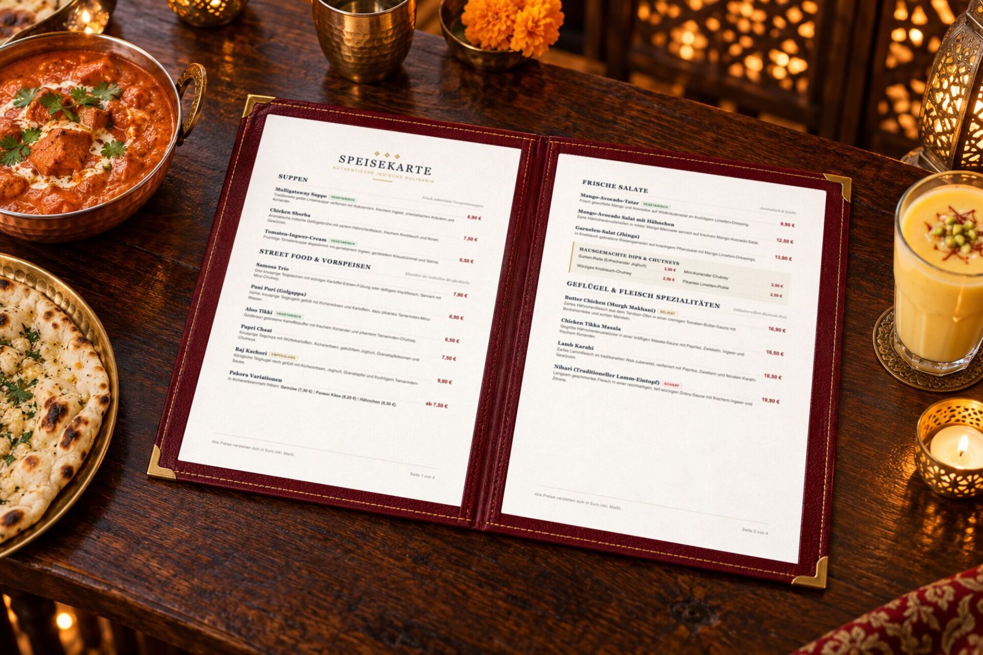 Speisekarte des indischen Restaurants CulinAsia in Bad Säckingen, aufgeschlagen in einer dunkelroten Ledermappe mit Messingecken, daneben Butter Chicken, Naan-Brot und Mango-Lassi im warmen Licht von Messinglaternen