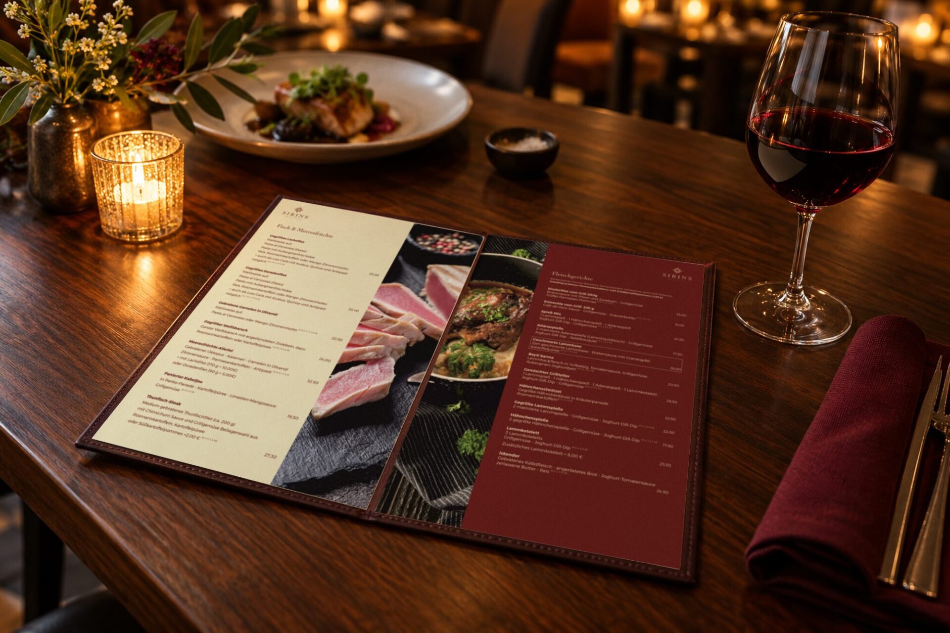Aufgeschlagene Speisekarte des Sirins Restaurants in Bad Säckingen in Bordeaux und Creme mit Fischgerichten links und Fleischgerichten rechts, daneben ein Glas Rotwein auf einem Holztisch im Kerzenlicht